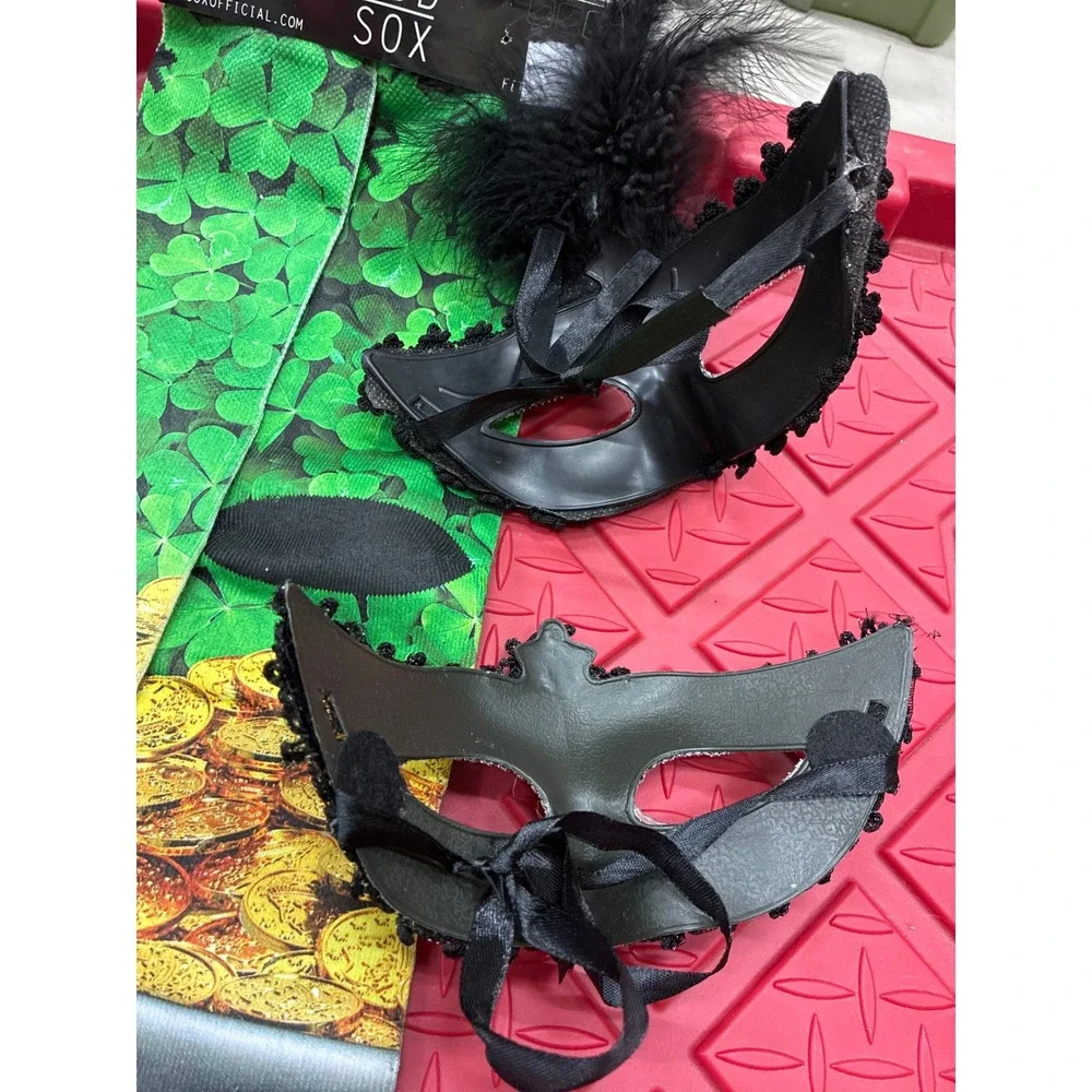 Odd Sox St Patricks Day Shamrock Gold Socks & 2 Black Masquerade Masks Bundle